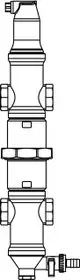 Zeichnung einer hydraulischen Weiche mit mehreren Anschlüssen und einem Regelventil, hergestellt von IMI Hydronic Engineering.
